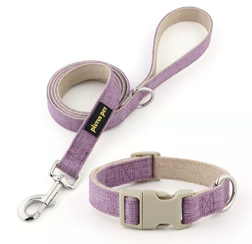 Plutus Pet Hundehalsband und Leine aus Baumwollhanf, verstellbares Halsband für kleine, mittelgroße und große Hunde, strapazierfähig und weich auf der Haut, Lavendel, Größe S