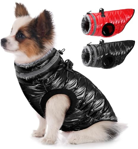 Eyein Wasserdichter Hundemantel mit Geschirr, Fleece Rollkragen Warme Hundewinterjacke mit doppeltem Reißverschluss, reflektierende Hundeschneejacke für kleine mittlere große Hunde, Schwarz, XS
