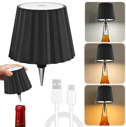 Umikk LED Flaschenlampe, Flaschenlampe Aufsatz LED, Kabellose Flaschenlampe, Wein Flaschen-Lampe, Touch Dimmbar 3 Farben, Flaschenlampe Mit Licht Für Esszimmer Schlafzimmer (Stil 1 (schwarz))