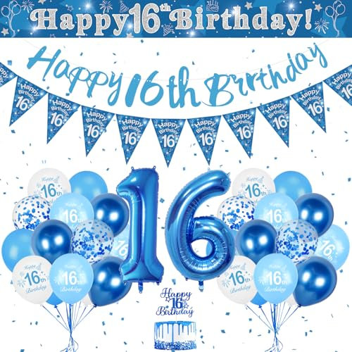 16. Geburtstag Dekoration Blau und Weiß - Luftballons, Banner, Folienballon Zahl für Junge und Mädchen