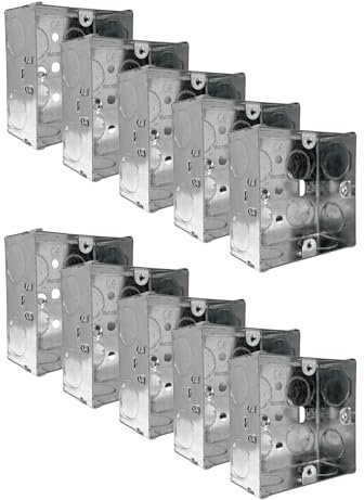 Evoges Single Metal Back Box, 35mm, 1 Gang, 1.0mm Thickness for Electrical Sockets Switches, BS4662 Standard, 20mm & 25mm Knockouts, Adjustable Lug, Brass Terminal (10)