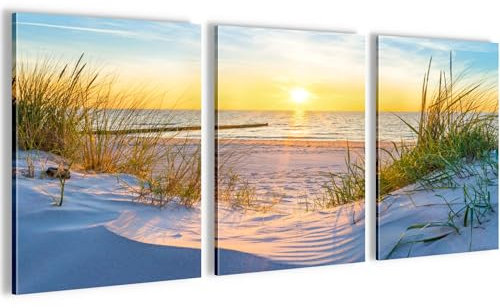 Novart Wandbilder Set Strand Meer Boho - KOMPLETT AUFHÄNGFERTIG - Wohnzimmer Schlafzimmer Flur Deko - 3 Moderne Bilder Blau Beige - N034735b