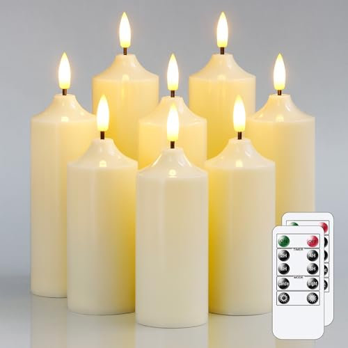 Vtobay Packung mit 8 flammenlosen batteriebetriebenen 5,5cm x12,5 12,5 12,5 15 15 15 17,5 17,5cm Elfenbein LED Kerzen aus Kunststoff mit 2 Fernbedienungen und Timerfunktion, flackernde Kerzen
