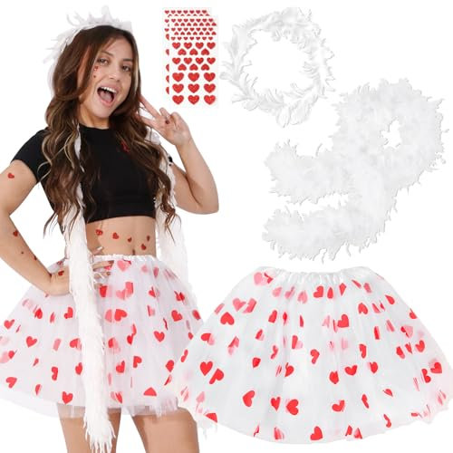 Amor Kostüm Damen Tüllrock Weiß, 5Pcs Tüll Karneval Tütü Kostüme Set mit Tutu Rock Klassisch Engel Haarreif Federboa Rote Herz Aufkleber für Dress Up Mottoparty Valentinstag Fasching Party Accessoires