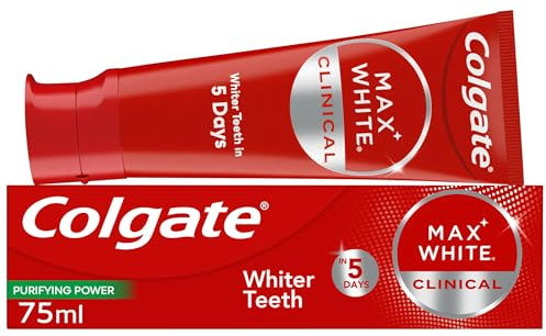 Colgate Max White Clinical Purifying Power Toothpaste 75ml - hydrogen peroxide teeth whitening toothpaste - whiter teeth in 5 days - deeply whitens stains* - enamel safe for daily use