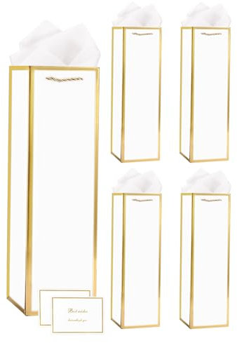 4 Pack White Wine Gift Bags with Tissue Paper and Cards, Bottle Gift Bag with Handle Wine Tote Bag