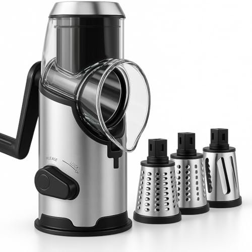 ZENEXUS 3-in-1 Rotary Cheese Grater & Vegetable Slicer - Stainless Steel Drum Blades, Ergonomic Handle, Peeler & Walnut Grinder - Compact Mandoline Slicer for Cheese, Veggies & More