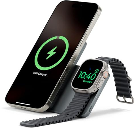 KU XIU K2 Power Bank Magnetico 5000mAh 3-in-1, Caricatore Wireless 15W Certificato Qi2 con Stand Pieghevole, Stazione Ricarica Apple per iPhone, Apple Watch, Auricolari – Compatto per Viaggi – Grigio