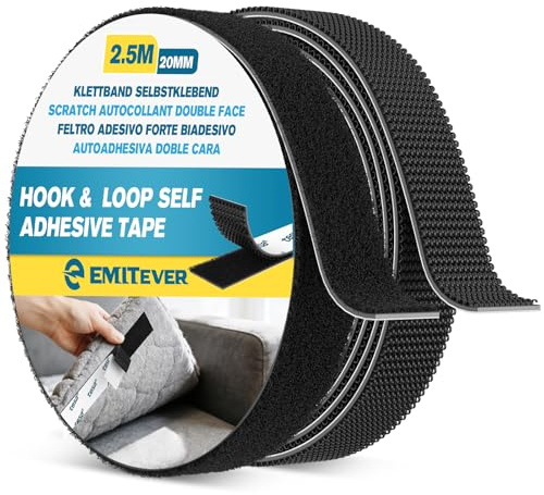 Emitever Hook and Loop Tape Heavy Duty 20mm x 2.5m Black | Multipurpose Heavy Duty Self Adhesive Tape, Double Sided Sticky Back Mounting Strip