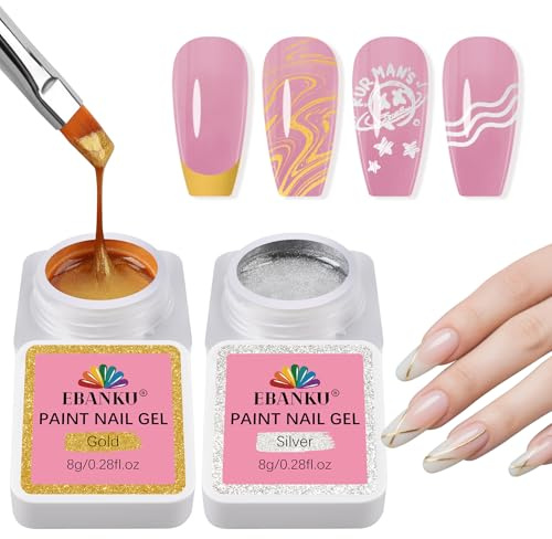 EBANKU Nail Painting Gel, 2 Jars Gold and Sliver No Wipe Gel Nail Polish for French Tip for Drawing Striper Floral Salon Home DIY Manicure, UV Light Required (Square Jar)