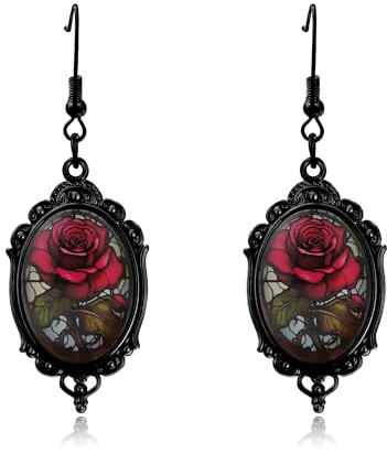 Damen Vintage Rote Rose Gothic Ohrringe – Halloween Ohrringe Damen Vampir Schmuck Gothic Accessoires – Retro Blumen Ohrhänger Schwarz Rot – Halloween Schmuck Vermissen Geschenk für Mädchen & Frauen