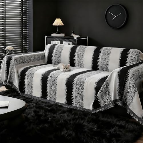 Kaxtde Sofa-Überwurfdecke, 180 x 340 cm, gestreift, Schwarz-Grau, L