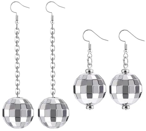 OIXYEY 2 Paar Discokugel Spiegelkugel Ohrringe Silber 70Er Disco Ball Earrings, Discokugel Ohrringe, Thema Karneval Party Diskokugel Lustige (2Form)