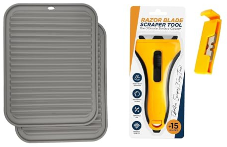Silicone Trivets for Hot Pans and Pots (2 Pack) Multipurpose Silicone Heat Resistant Mat (30 x 23cm) Grey and Glass Scraper Tool With 15 Extra Blades - Oven Scraper Tool Non Scratch, Bundle