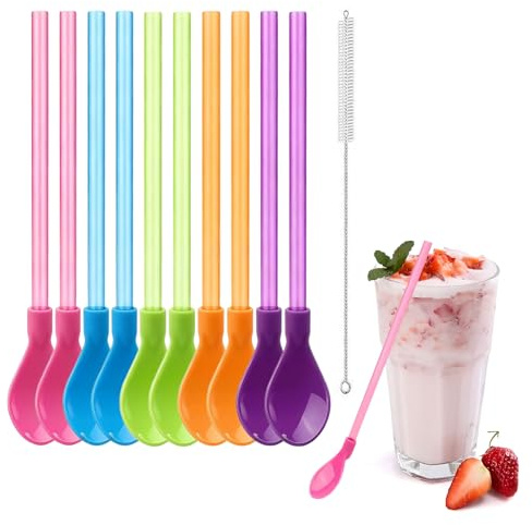 ARYIMYDP 10 Strohhalmlöffel Plastik, 5 bunte Farben, wiederverwendbar 2-in-1 Trinkhalme mit Reinigungsbürste für Slush, Cocktails & Eiskaffee, 20cm