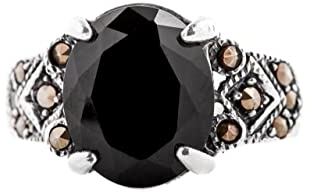 Windalf Statement Mittelalter Ring Rubin 1.2 cm Mediaval Trachten Silberring Schwarzer Kristall Vintage Gothic Schmuck 925 Sterlingsilber (Silber, 64 (20.4))