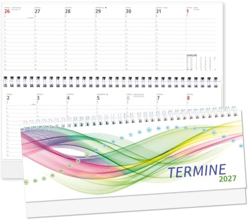 Bürokalender quer Maxima in bunt Modell 2027 | Spiralkalender, Schreibtischkalender, Tischquerkalender Sonn-und Feiertage in Rot, 1 Woche 1 Seite, 64 Seiten
