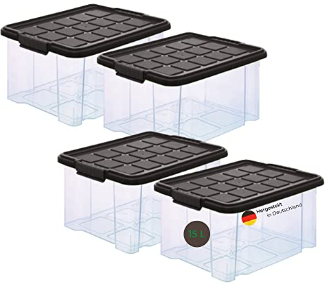 Novaliv 4x Aufbewahrungsboxen mittel 15l 40x29x21 transparent Spielzeugkiste mit Deckel Grau Anthrazit Stapelbox Kiste Box Plastikboxen mit Deckel Staubox