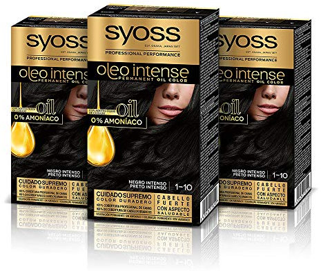 Syoss Oleo Intense - Tinte 1-10 Negro Intenso – Coloración permanente Sin Amoníaco – Cobertura profesional de canas – Resultados de peluquería (Pack De 3)