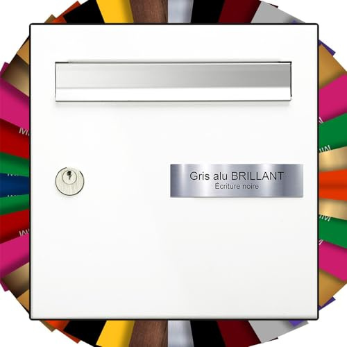 Plaques A Graver Plaque Boîte aux Lettres Personnalisée Effet Acier – Texte Noir – Nom Gravé 1 à 3 Lignes – PVC Adhésif Usage Extérieur – 10x2,5cm