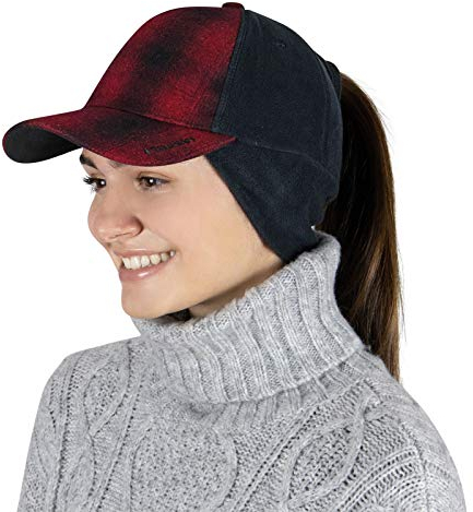 TrailHeads Winter Pony Cap Damen - Baseball Cap mit Ausklappbaren Ohrenwärmern - Rot Kariert