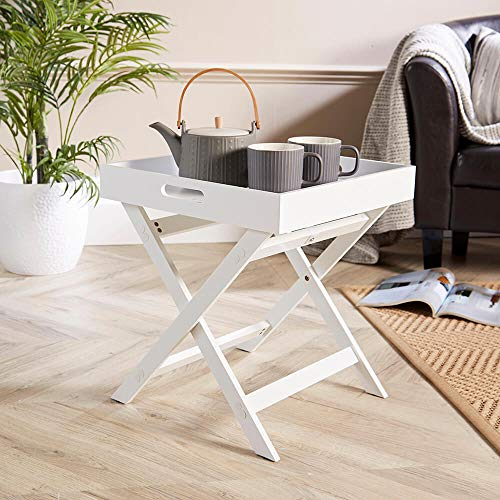 Home Source Butlers Side Table Portable Wooden Food Drink Serving Tray, White, 40cm