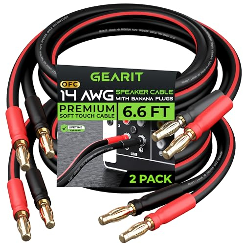 GearIT Cavo per altoparlanti da 14 AWG con spine a banana (2 pezzi, 6.6 piedi,2 metri) calibro 14Ga filo banana per audio surround bi-Amp bi-Amp HiFi – 99.9% rame OFC, punte placcate oro – nero, 6 ft