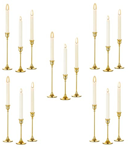 Romadedi kerzenständer Metall Gold 15er Set - Dekorativer Vintage Kerzenhalter in Unterschiedlicher Größe Kerzen Ständer für Stabkerze Spitzkerzen Hochzeit Party Weihnachten Tischdeko 15/19/24cm