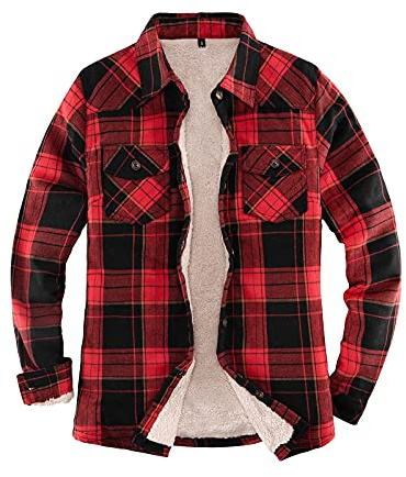 ThCreasa Damen-Flanelljacke mit Sherpa-Futter und Eingrifftaschen, kariert, mit Knopfleiste, flauschige Hemdjacken