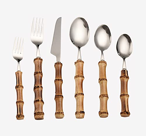 6 piezas de acero inoxidable de cocina cubiertos postre cuchillo, tenedor y cuchara, mango de bambú conjunto (plata)