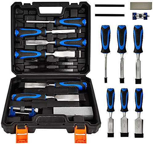 Carving Chisel Set for Wood, with Honing Guide/Sharpening Stone/Carpenter Pencil/Storage Case, Heat-Treated Cr-V Steel Blades, for Beginners DIY Woodworking Sculpting Whittling