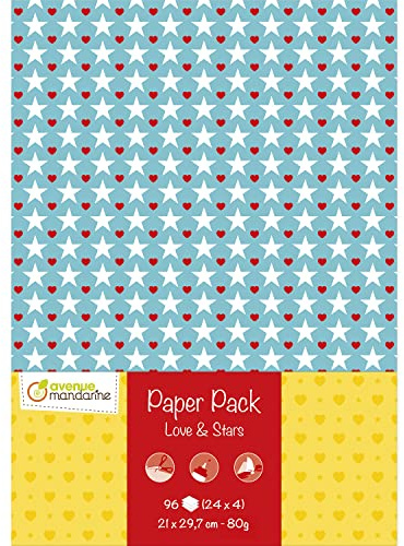 MY MANDARINE CC057C - Packung Paper Pack, 96 Blatt DIN A4 80g (24 Designs x4), Liebe & Sterne, 1 Pack