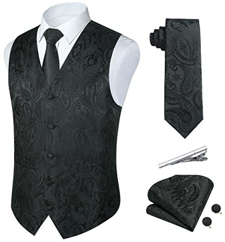 Rithern Herren Weste Paisley Floral Jacquard Seide Krawatte Einstecktuch Taschentuch Set mit Manschettenknöpfen und Krawattenklammer Set für Hochzeitsfeier Anzug Weste Set Schwarz XXL