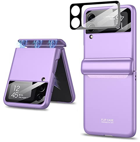 Miimall Custodia a Cerniera con Samsung Z Flip 4, Cerniera Magnetica con Vetro Temprato Schermi Piccoli e Fotocamere Copertura Protettiva, Ricarica Senza Fili Cover per PC Antiurto per Flip 4, Viola