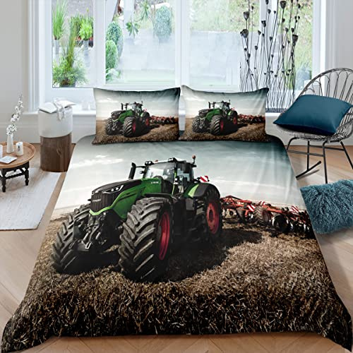 XPINGO Kinder Bettwäsche Traktor 155x220 cm 3teilig Jungen 100% Mikrofaser Sommer Weiche Winter Warm Bettbezüge mit Reißverschluss 3D Traktor Bettbezug mit 2 Kissenbezüge 80x80 cm