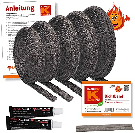 Kaminfix Feuerfestes Dichtungsband 3m inkl. Kleber in verschiedenen Varianten. Made in Germany. Profi Qualität (15x3mm)