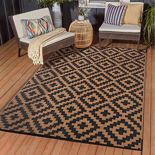 Jumua Outdoor Teppich Wetterfest, Kunststoff Stroh Outdoorteppich Reversible Matte - Balkon Teppich Wasserabweisend Strapazierfähige Teppiche für Terrasse Garten und Wohnzimmer(Black& Brown,150x240cm)