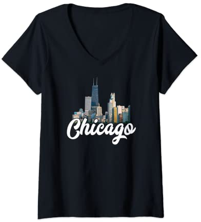 Mujer Plato hondo retro con diseño del horizonte de Chicago, Pizza River Camiseta Cuello V