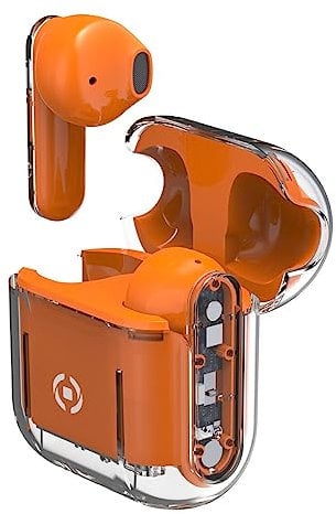 Celly, Cuffie Wireless Bluetooth, Auricolari Senza Filo con Custodia Trasparente, Compatibili con Smartphone e Tablet, Ricarica Veloce in 2 Ore, Colore Arancione