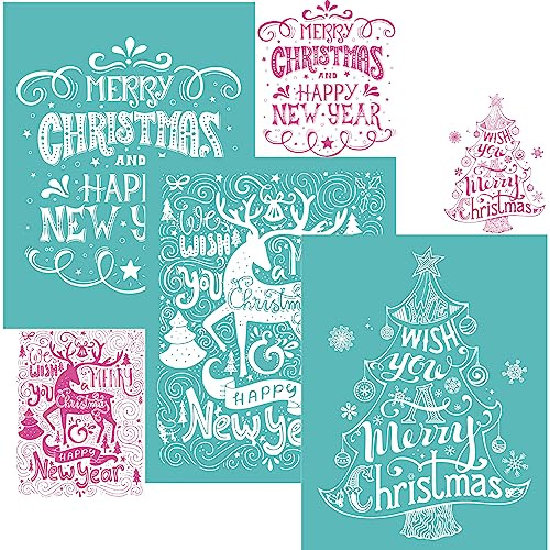 3 Stück Weihnachts-Siebdruck-Schablonen, 21,6 x 27,9 cm, wiederverwendbar, selbstklebende Netz-Schablonen, Frohe Weihnachten, Weihnachtsbaum, Elch, Hirsch, Siebdruck-Schablonen zum Malen auf Holz,