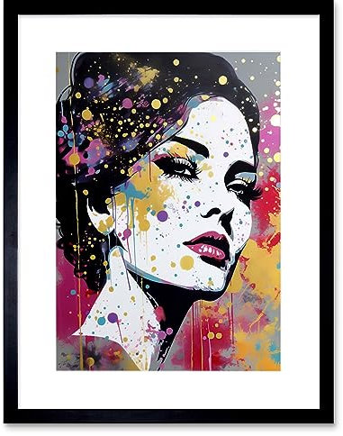 Artery8 Woman Face Portrait Fashion Gold Blue Pink Glam Glitter Aesthetic Teen Room Artwork Framed Wall Art Print 9X7 Inch