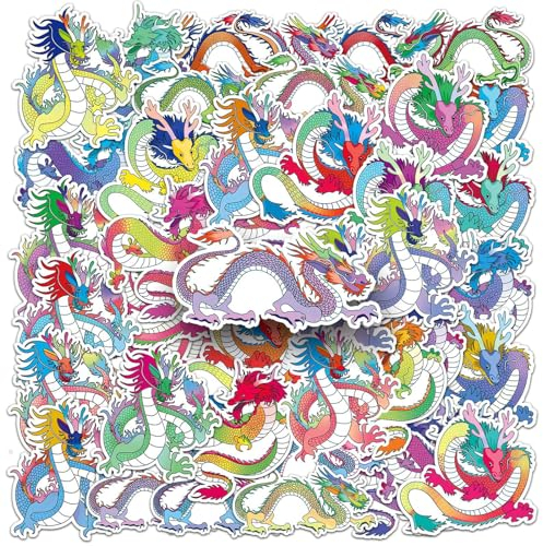 Drache Aufkleber 50 Stück Vinyl Coole Cartoon Chinesischer Drache Sticker für Wasserflaschen Skateboard Motorrad Gepäck Scrapbook Laptop Auto,Wasserdicht Funny Tier Aufkleber für Teenager Kinder