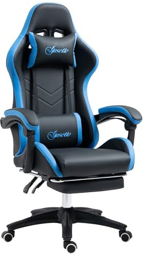 Vinsetto Sedia da Gaming Ergonomica in Pelle PU e Acciaio con Poggiatesta e Altezza Regolabile, Poltrona Gaming con Schienale Reclinabile e Cuscino Lombare, 65x65x121-129 cm, Blu e Nero