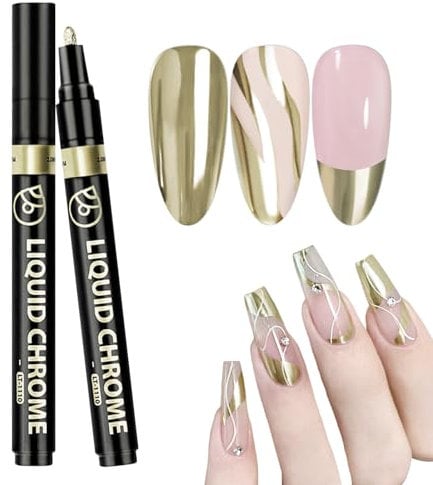 U-Shinein 3D Nail Art Pen, Champagne Nail Graffiti Drawing Pen, Silky Super Glossy Graffiti Pen, Metallic Nail Art Drawing Pen, Nail Art DIY Manicure Tool, 2mm, Champagne