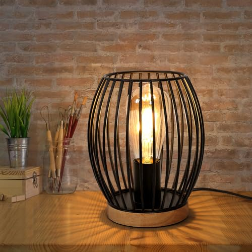 Comely Lampe de Bureau Rétro, Noir Lampe de Chevet pour Ampoule E27, Avec Prise et Interrupteur pour Chambre Salon Bureau Café Bar (Sans Ampoule)
