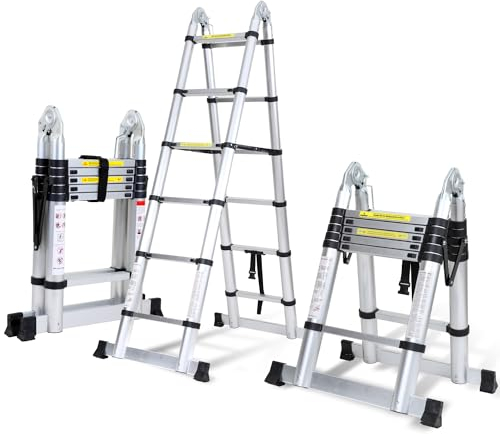 Ikodm 3,8M (1.9+1.9) Teleskopleiter Klappleiter Alu Multifunktionsleiter, Mehrzweckleiter Tragbar Ausziehleiter Max Belastung 150 KG/330 Pfund, Rutschfester, Silber