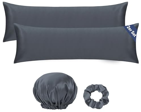 Seiwohl Seitenschläferkissen Bezug 40 x 145, 2er Set Satin Seitenschläfer Kissenbezug 40x145 cm Langes Kissen Seitenschläferkissenbezug für Stillkissen, Dunkelgrau, mit Haargummi und Haarhaube