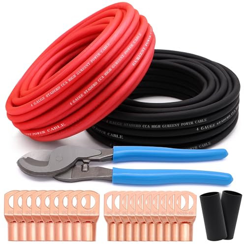 4 Gauge Wire(50Ft Black+50Ft Red) Copper Clad Aluminum CCA Car Audio Speaker,Battery Power/Ground Cable,RV Trailer Amp Wiring Kit with Cable Cutter,Heat Shrink Tube,Lugs