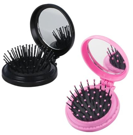 DAZZLUXE 2 cepillos de pelo plegables, cepillo de pelo redondo con espejo, cepillo para el pelo de viaje portátil, mini cepillo de maquillaje para niñas, adecuado para viajes y veladas (rosa + negro)