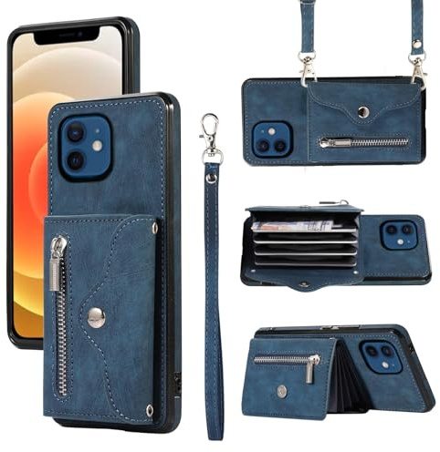 Asuwish Handyhülle für iPhone 12 Mini mit Band, Geldbörse, Ständer, RFID-Schutz, Leder Vintage, Blau